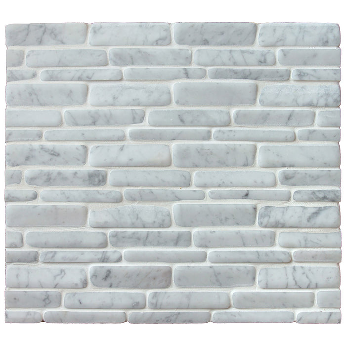 A sheet of Carrara marble mosaic mixing small squares with long thin rectangles, white and light grey
