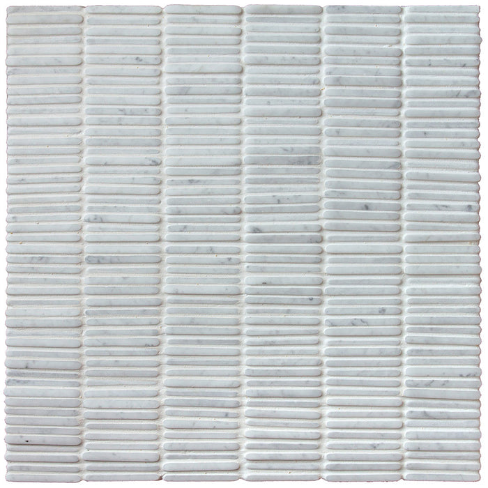 A sheet of Carrara marble mosaic in narrow rectangular pieces laid in offset rows, white and light grey