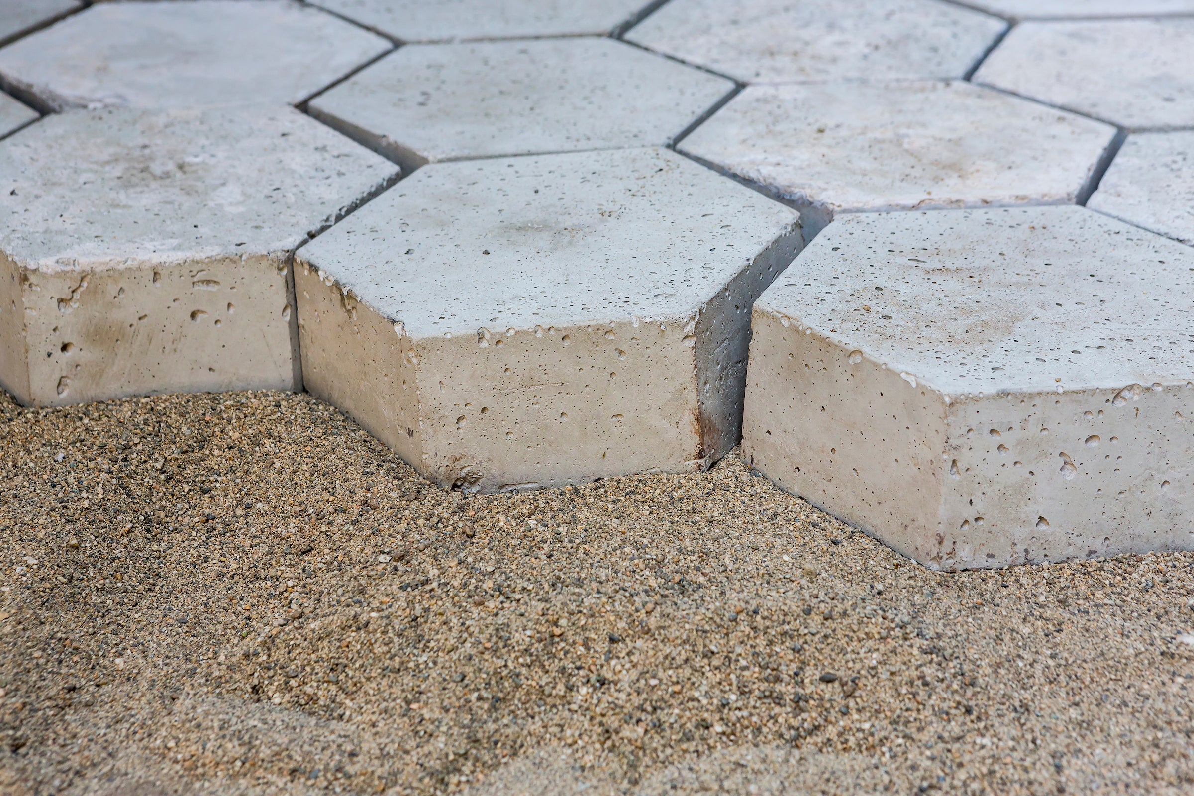 Carmelina paver installation in progress, 8 inch hexagon