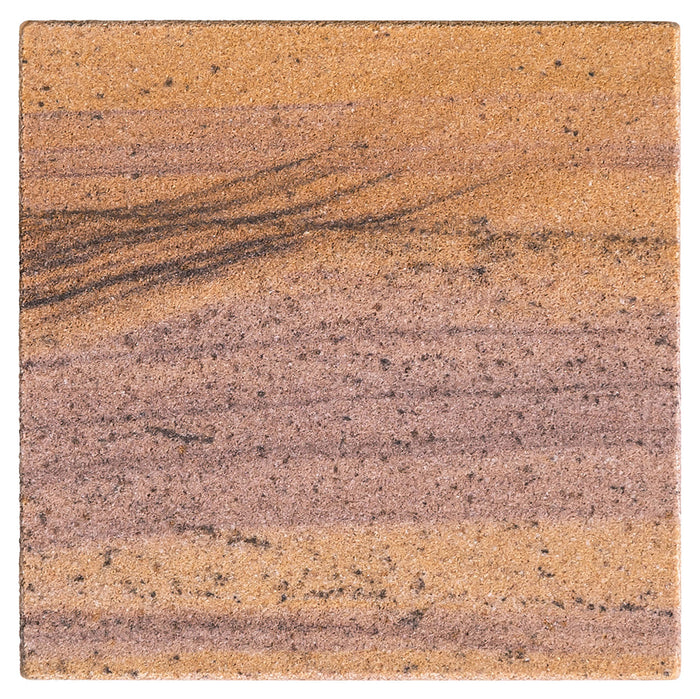 A 4x4 tile of Stone Born in Glow seen square on, dark veins running in horizontal bands through ochre and grey