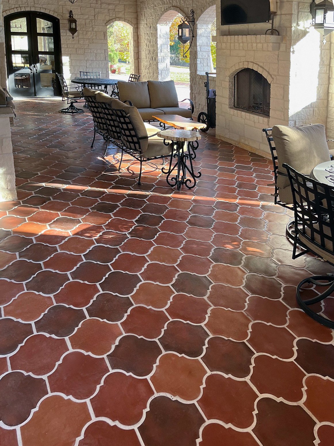Outdoor living room by the fireplace
