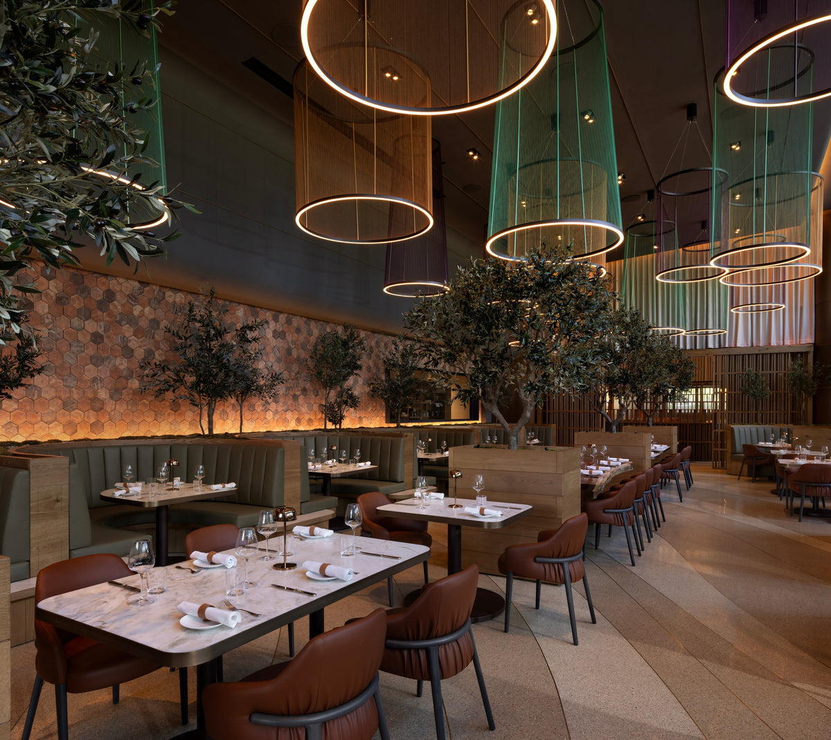 Dining tables and hexagon wall