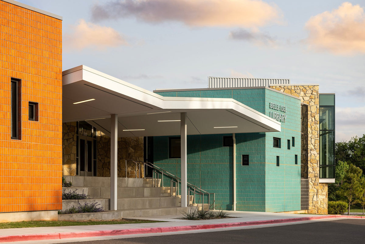 Entry canopy between orange and teal