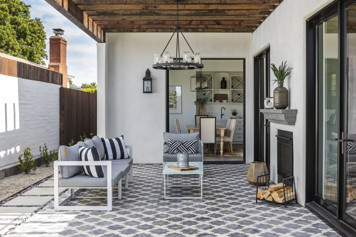 Patio seating and fireplace