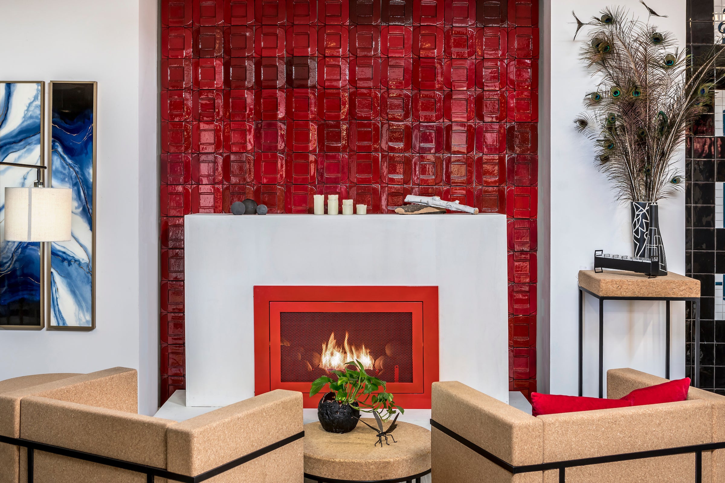 Buckle around a fireplace, with the fire lit
