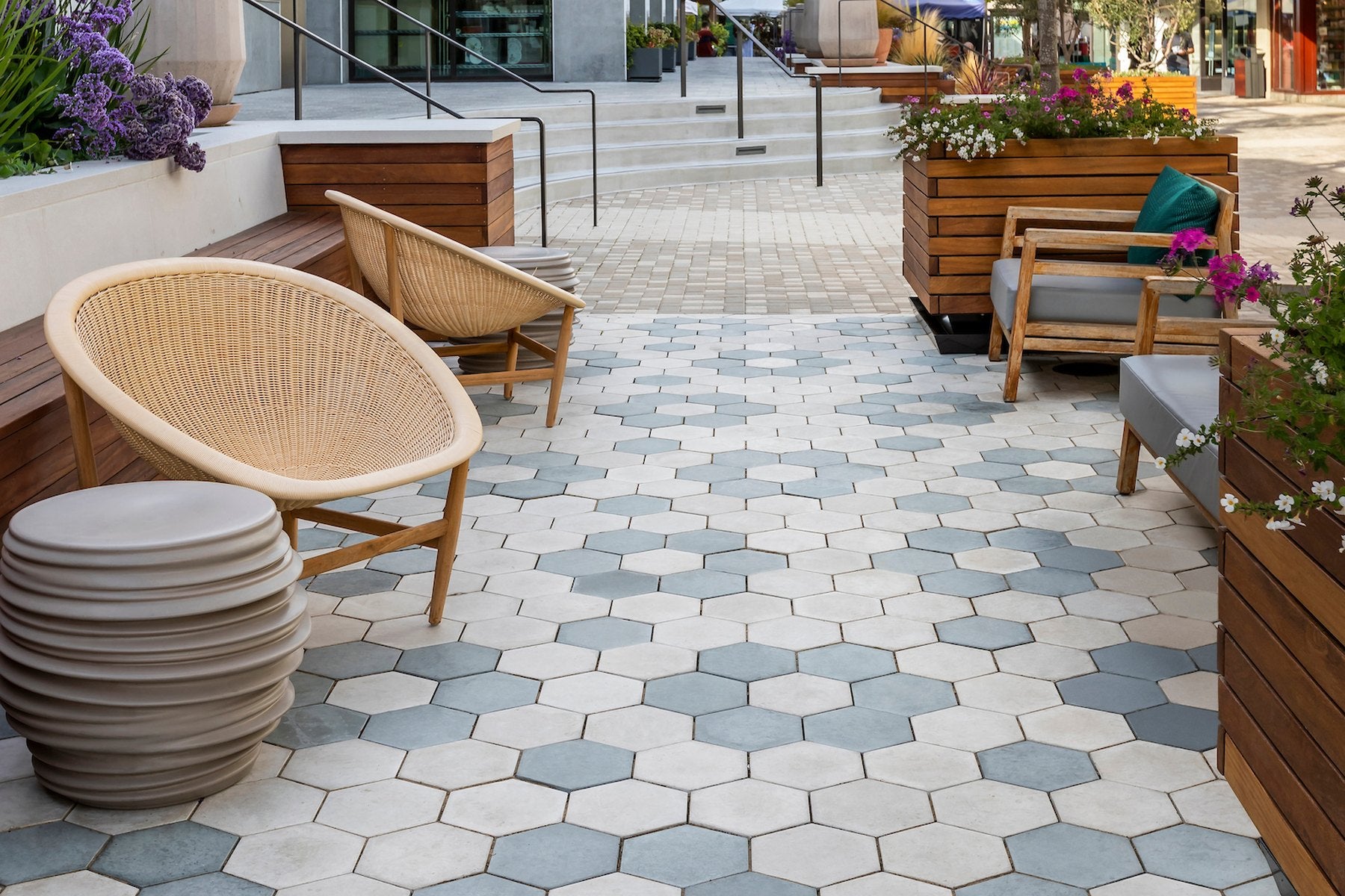 Eight inch hexagon pavers in a two color field, Corte Madera retail courtyard