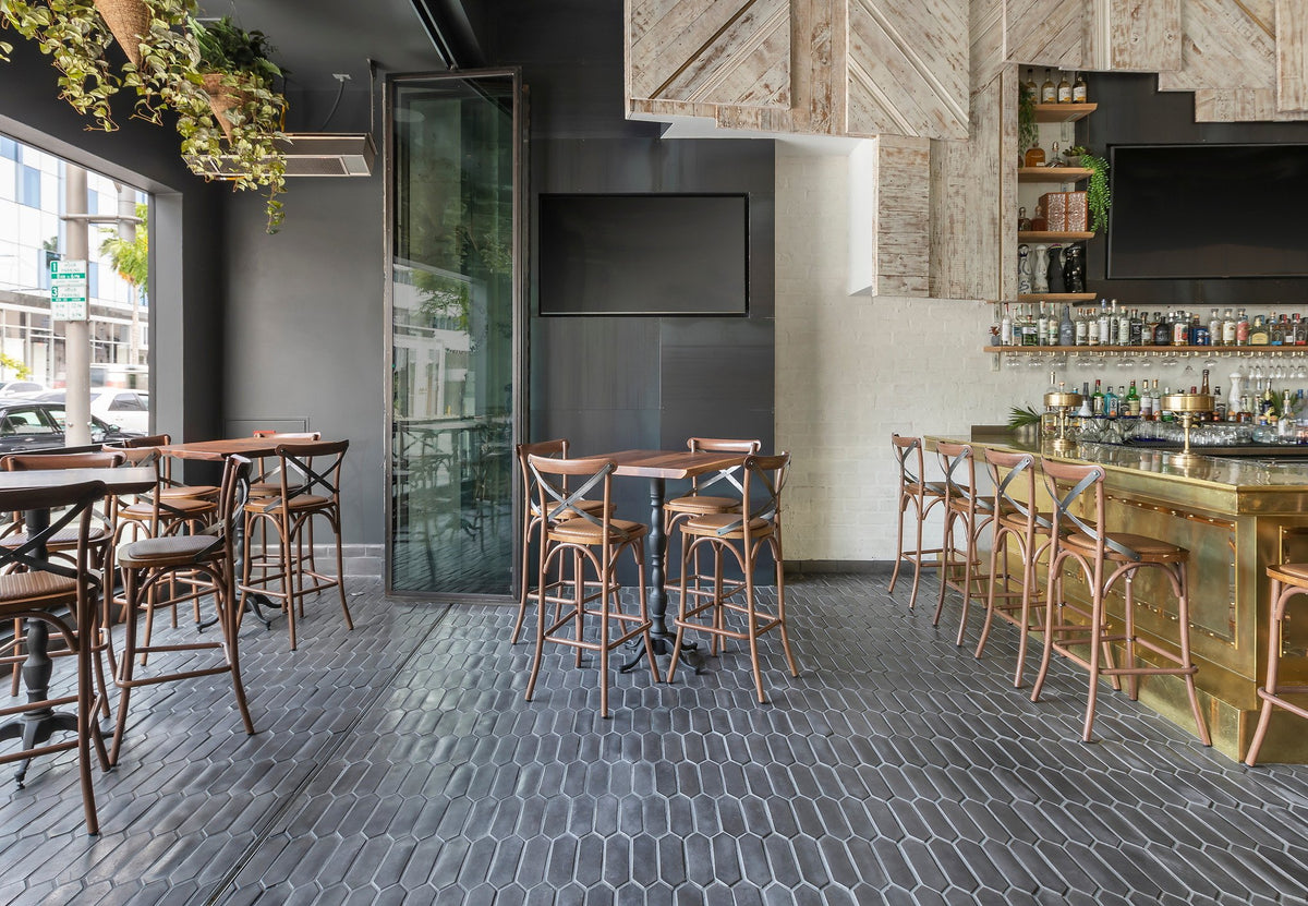 Bar tables by the open windows