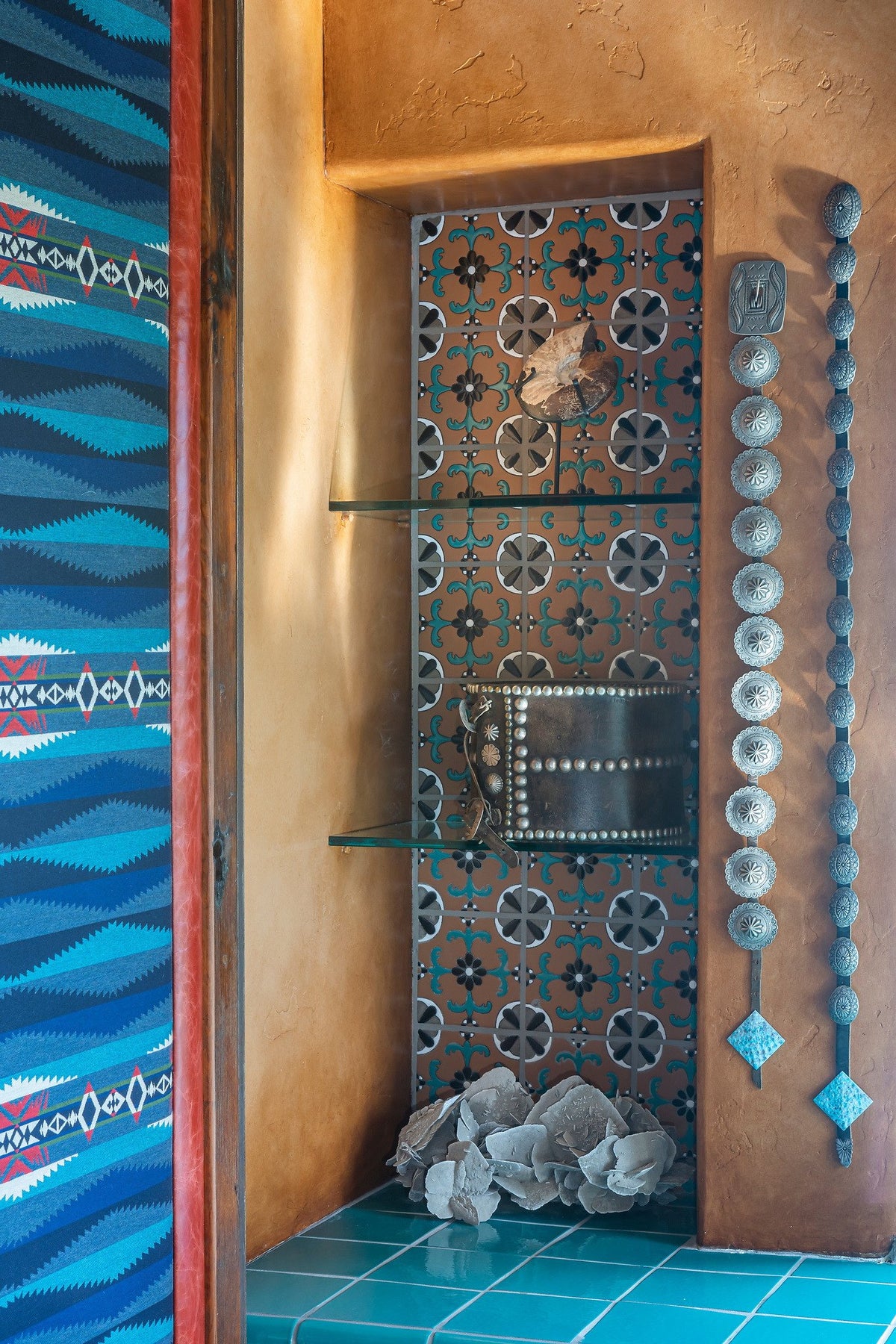 Shower niche with hand-painted tile