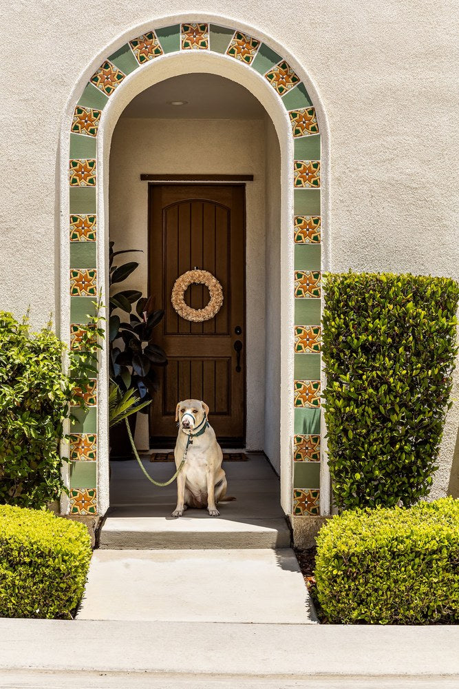 A handpainted deco border running the arch of a front entry, at Buena Vida in Brea