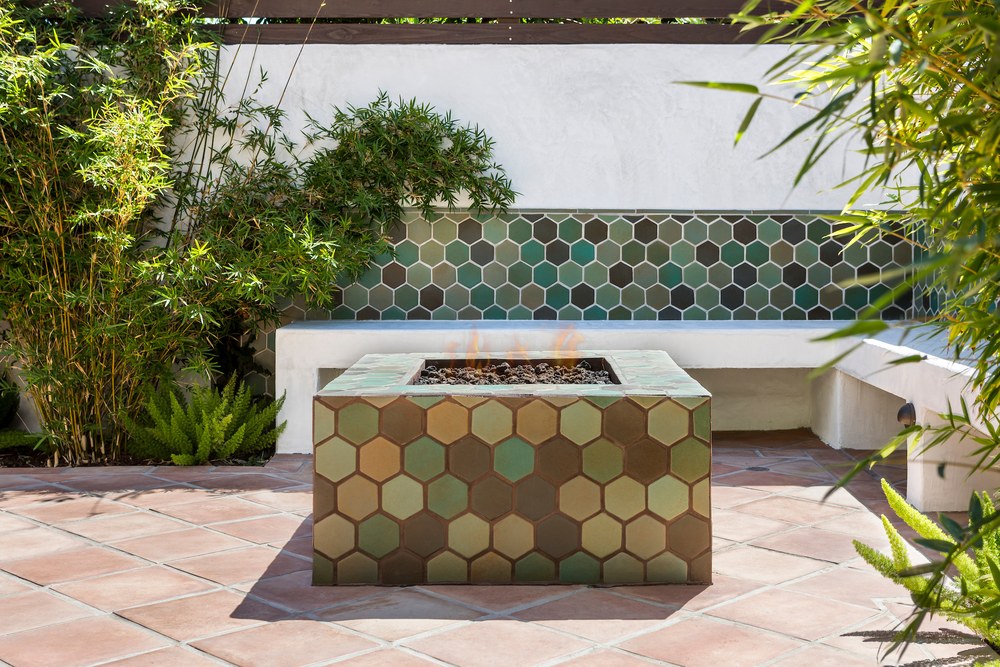 Oleson 4 inch hexagons in a blend of greens, on a courtyard fire pit and bench at a Mission Hills hacienda