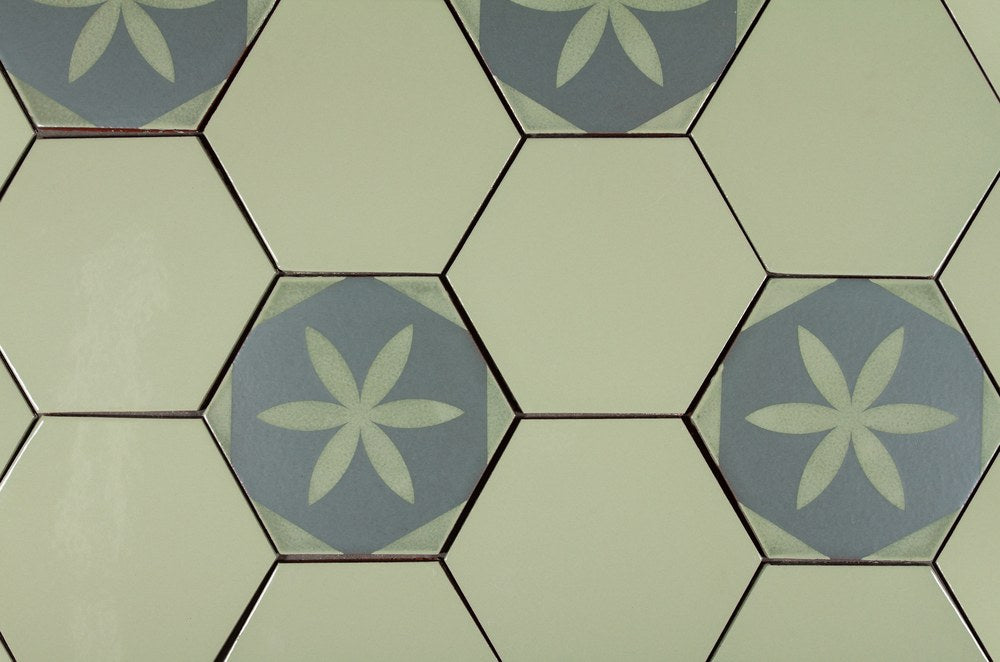 Silk Road 8 inch hexagons in a mix of Rhino and Aloe Vera, the pattern closing across the seams