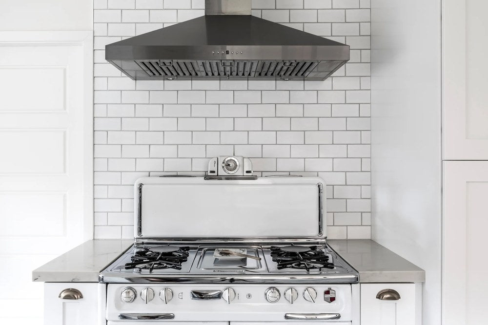 Studio field in Pure White, run as a kitchen backsplash behind a range