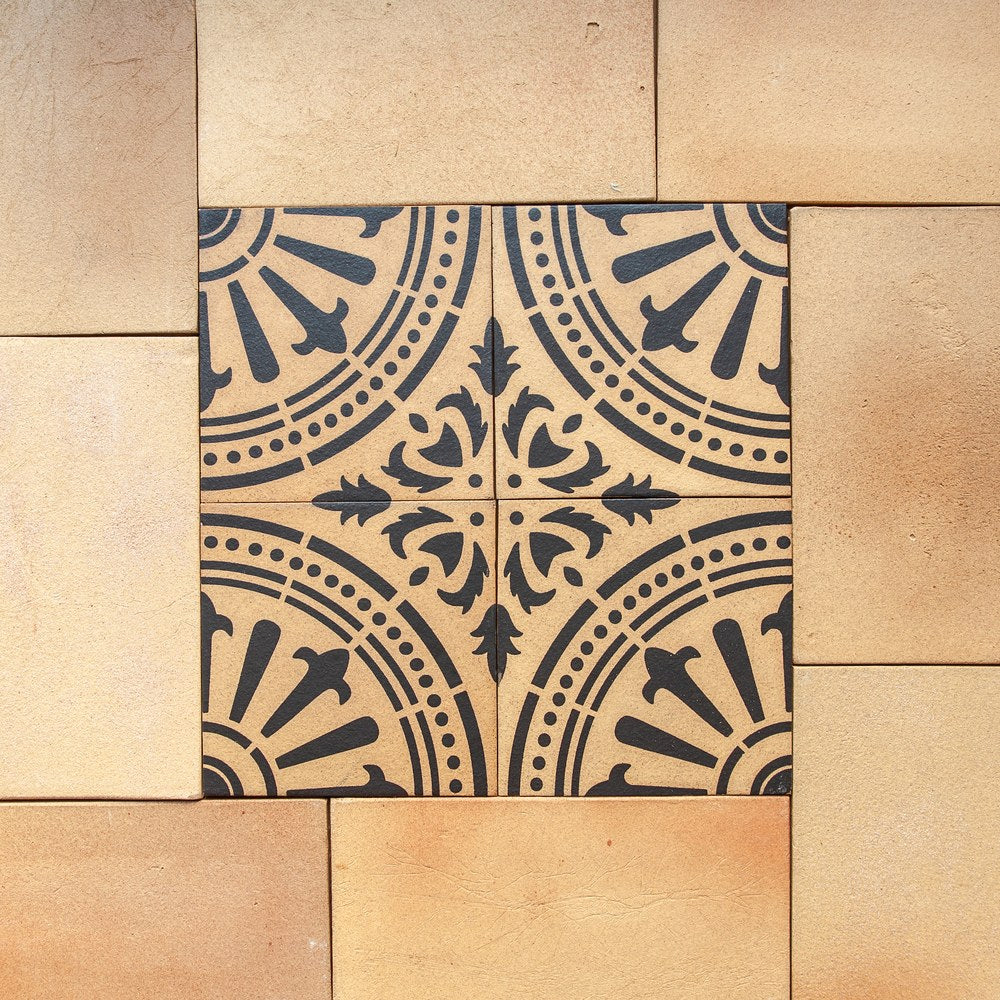 Four square Tierra Madre decos set together as one medallion in a plain blonde field