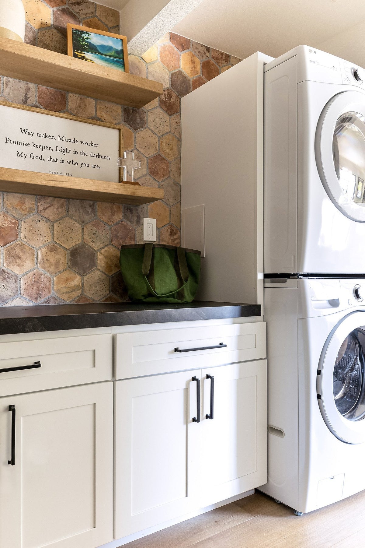 Laundry with hexagon backsplash