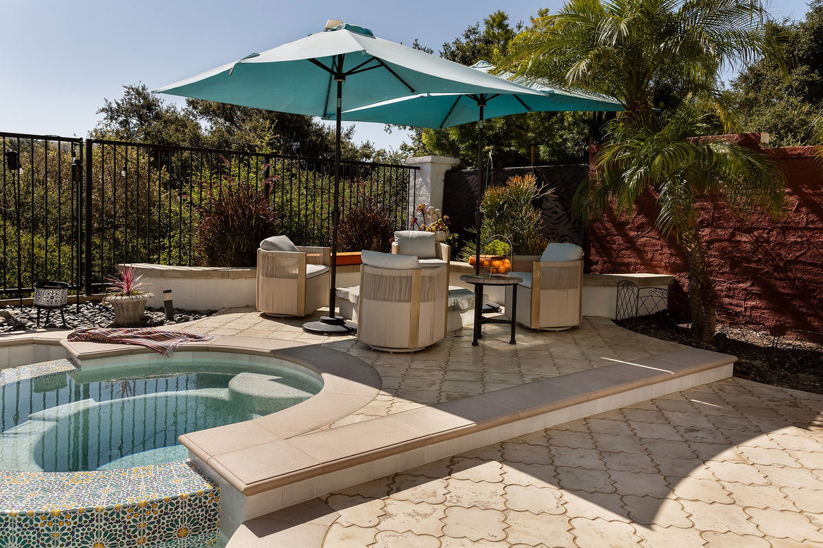 Spa with seating area beyond
