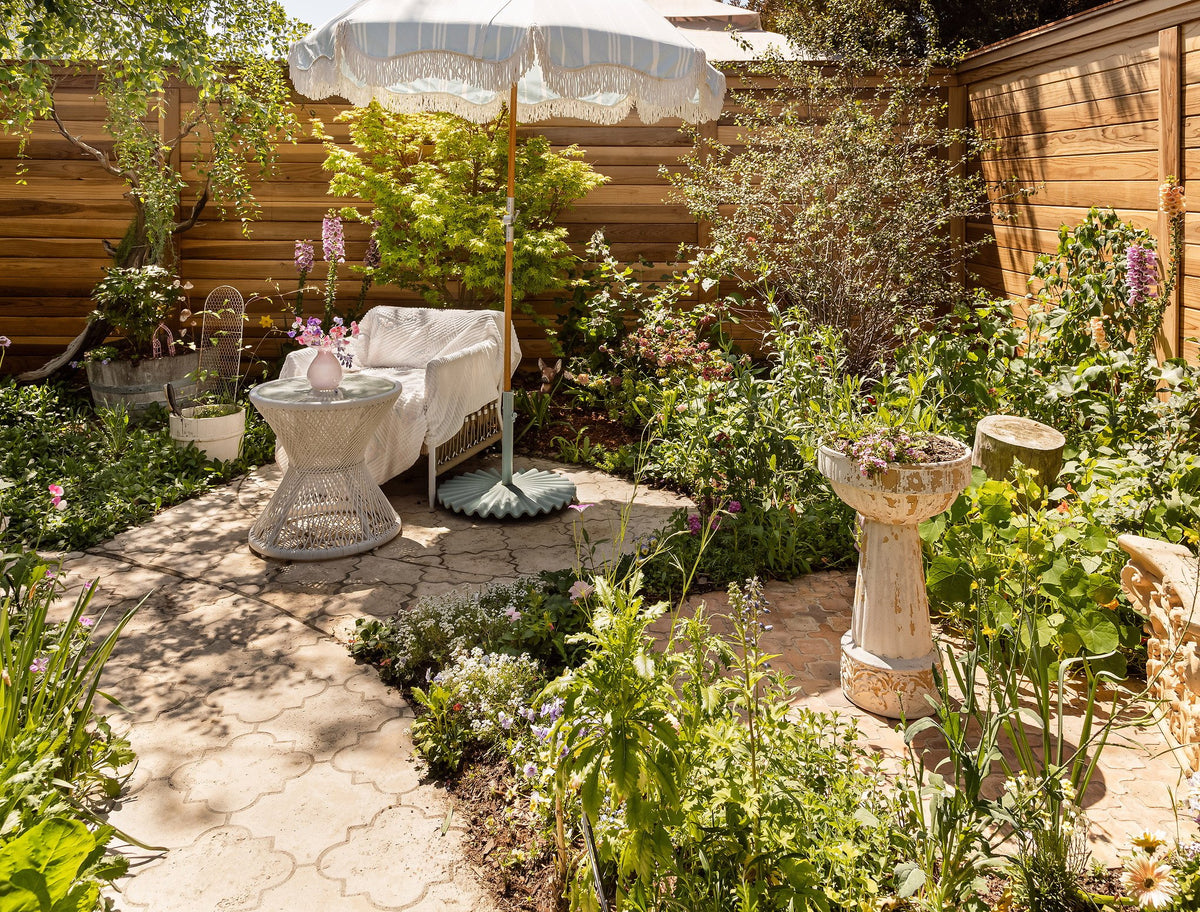Seating nook off the garden path