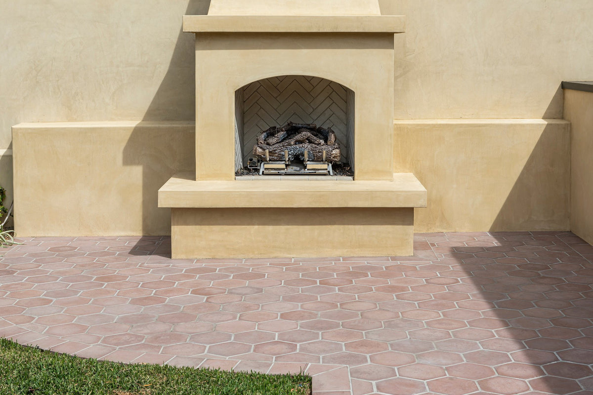 Hexagon patio in front of the fireplace