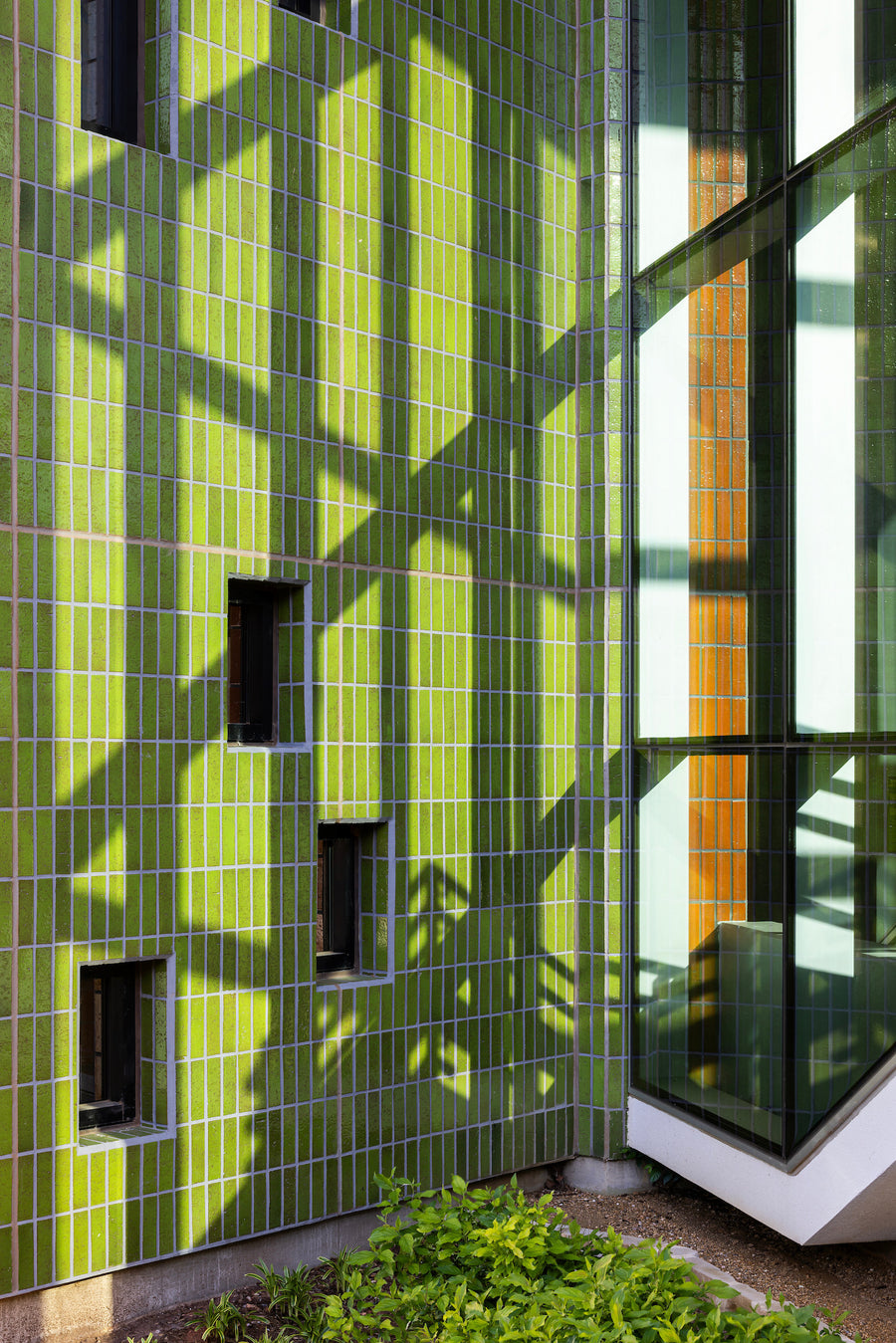 A green glazed brick wall at Belle Isle Library in low sun, laid in vertical stack bond with small punched windows