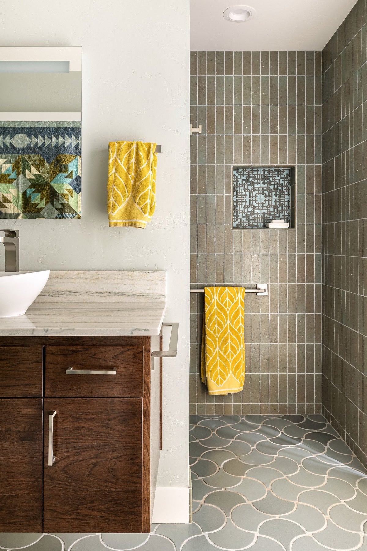 Bath with Chrome glazed brick shower