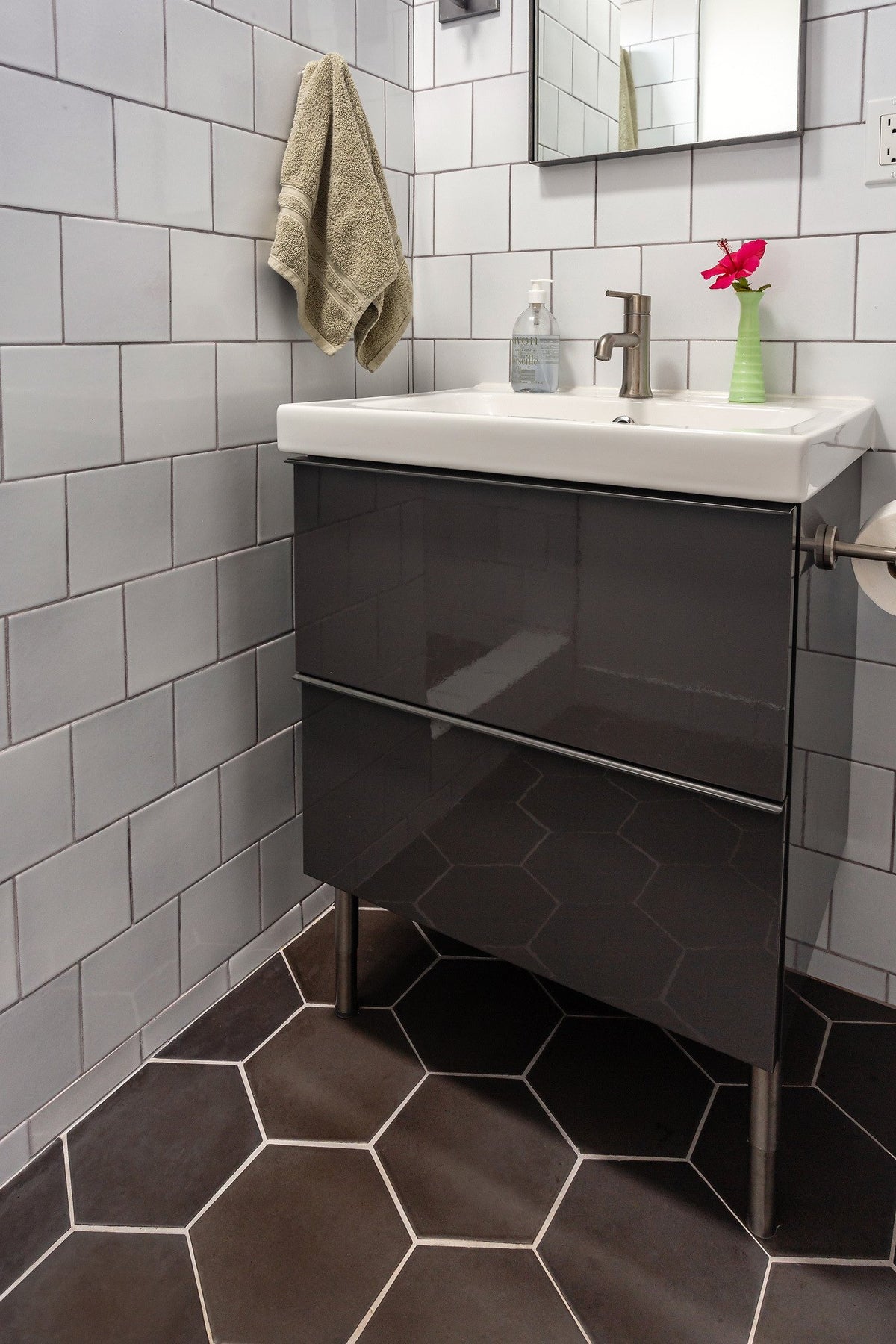 May Gray hexagons by the vanity