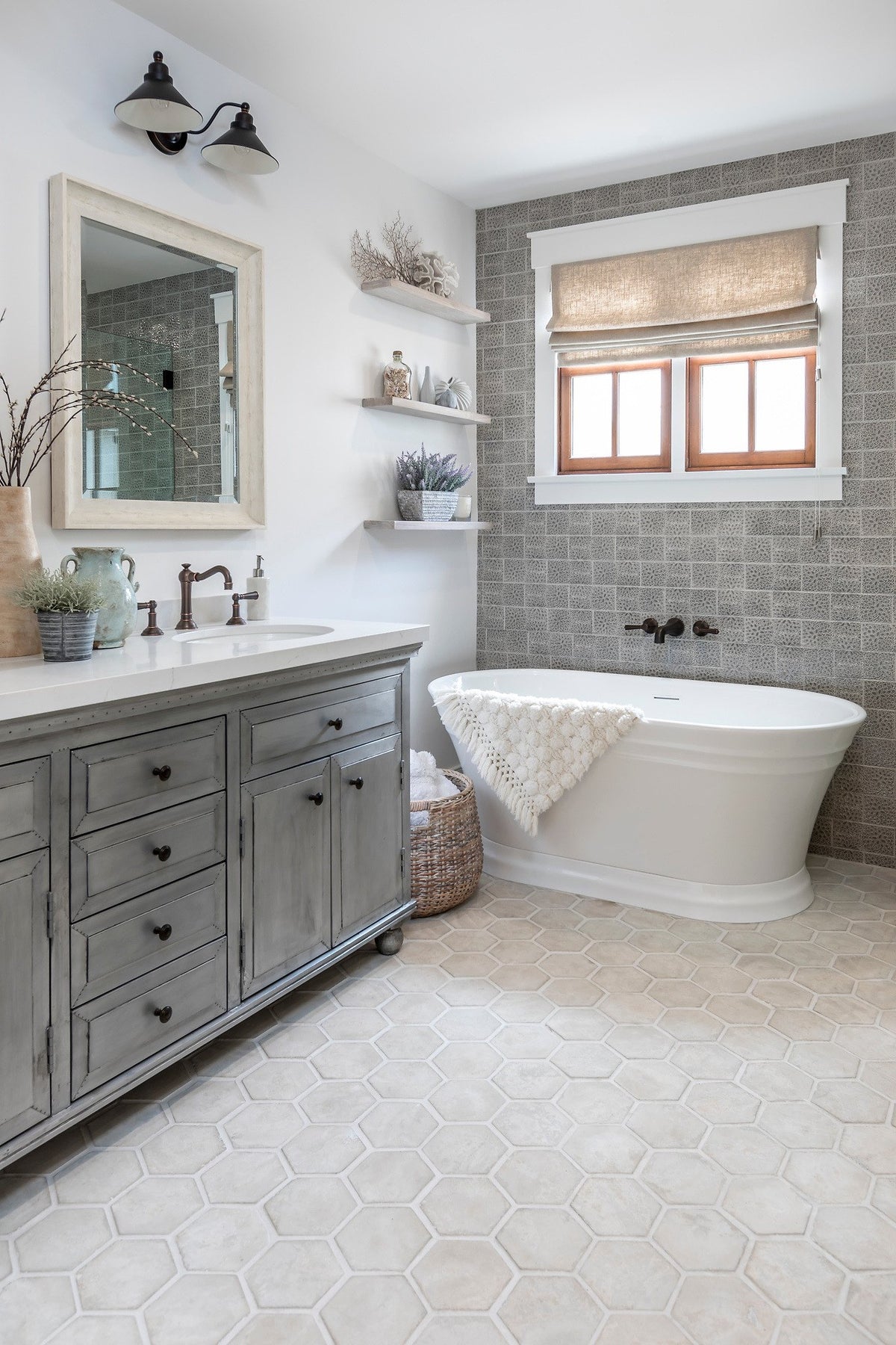 Vanity, tub and hexagon floor