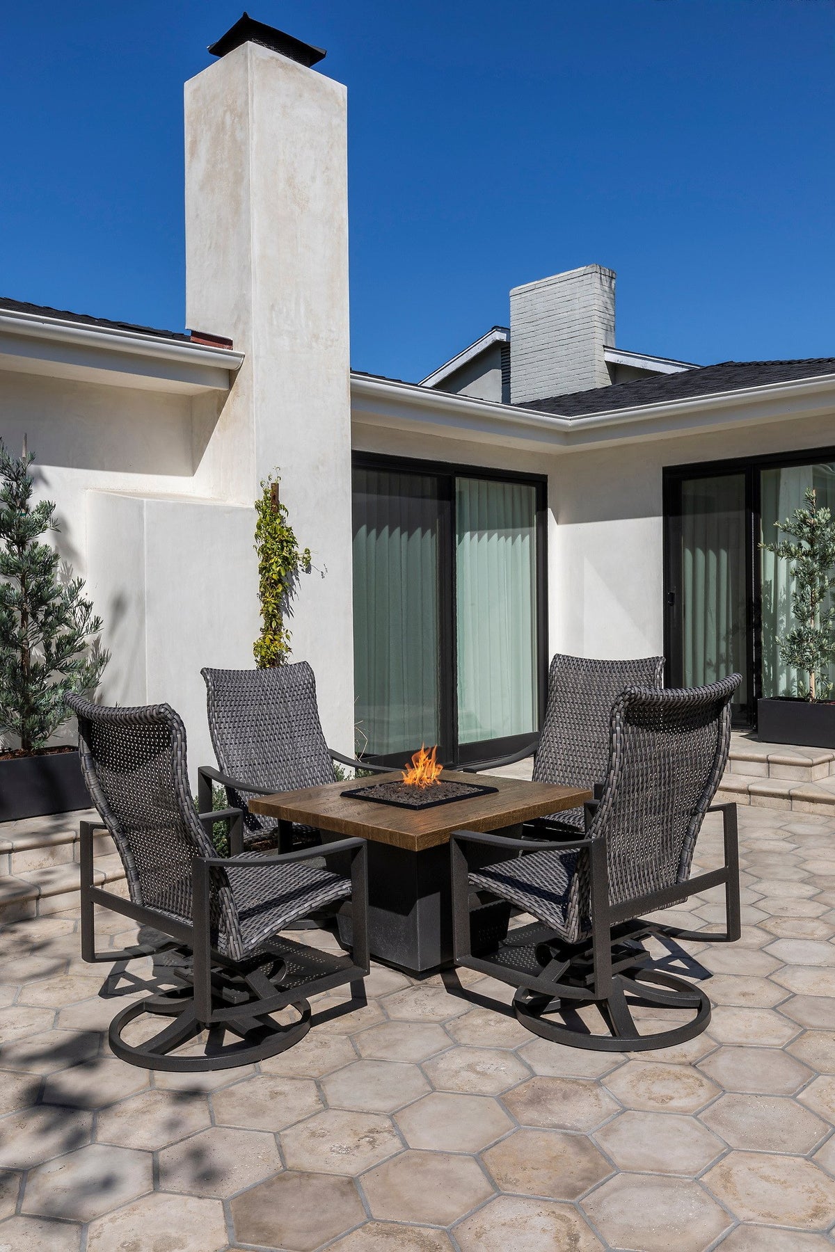 Fire table on the hexagon patio