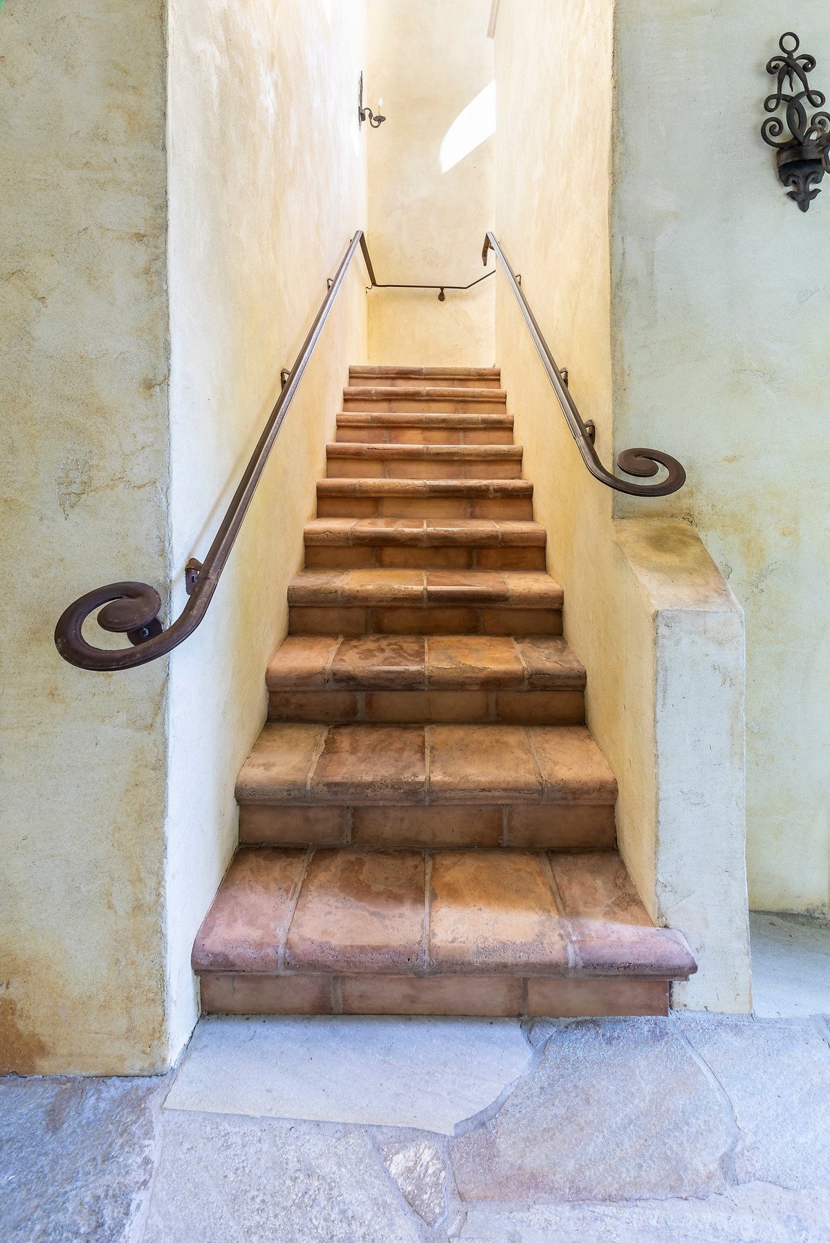 Stair treads with iron handrail