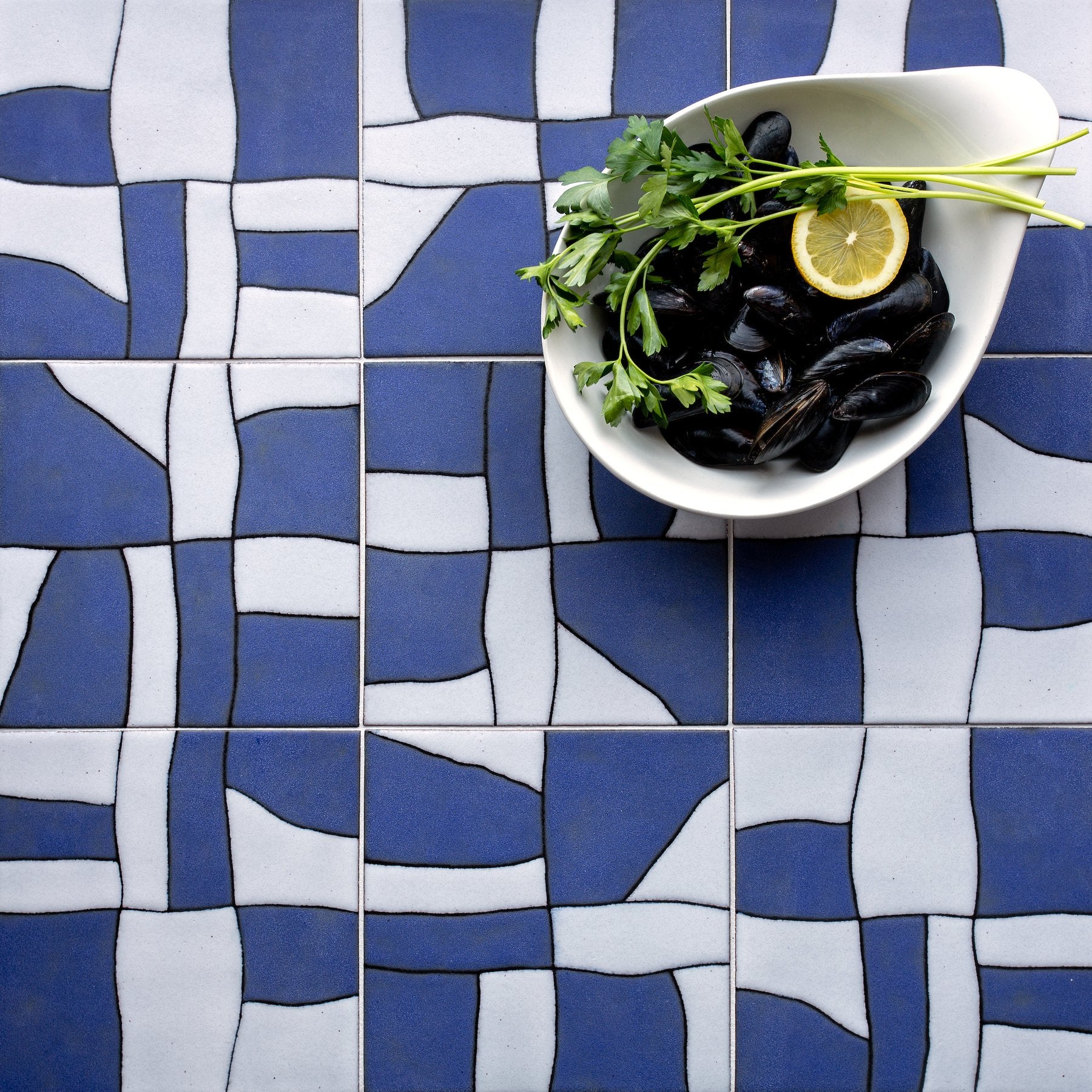 Designs A and B in blue and white
