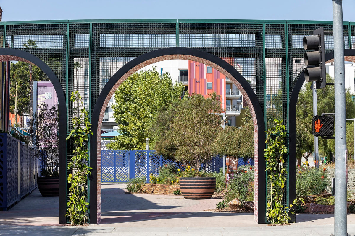 Tiled garden arches at the crosswalk
