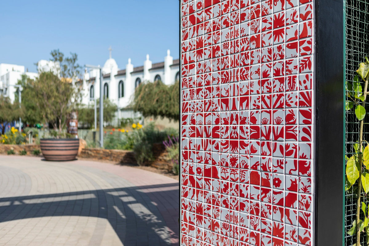 Tiled column facing the plaza