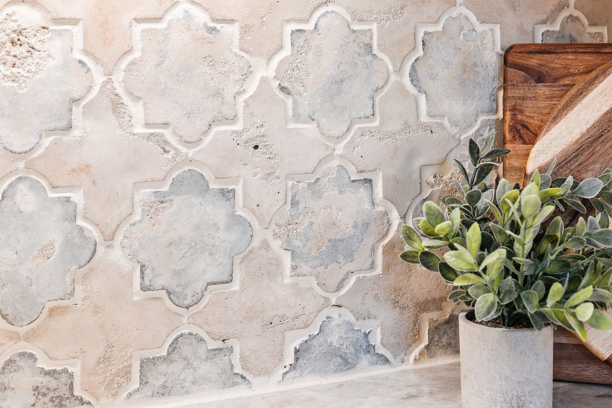 Close-up of soft gray Arabesque tile