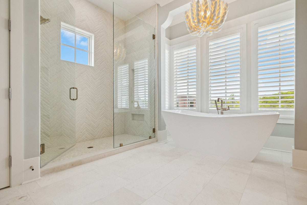 Primary bath with herringbone shower