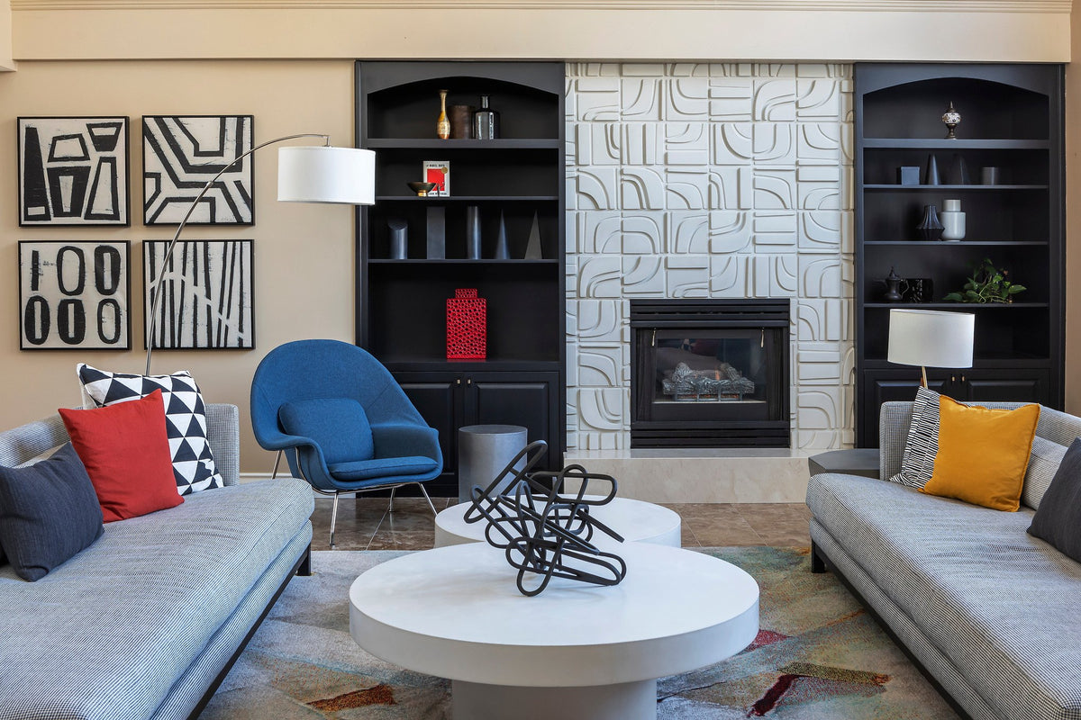 Living room with Brute tile fireplace