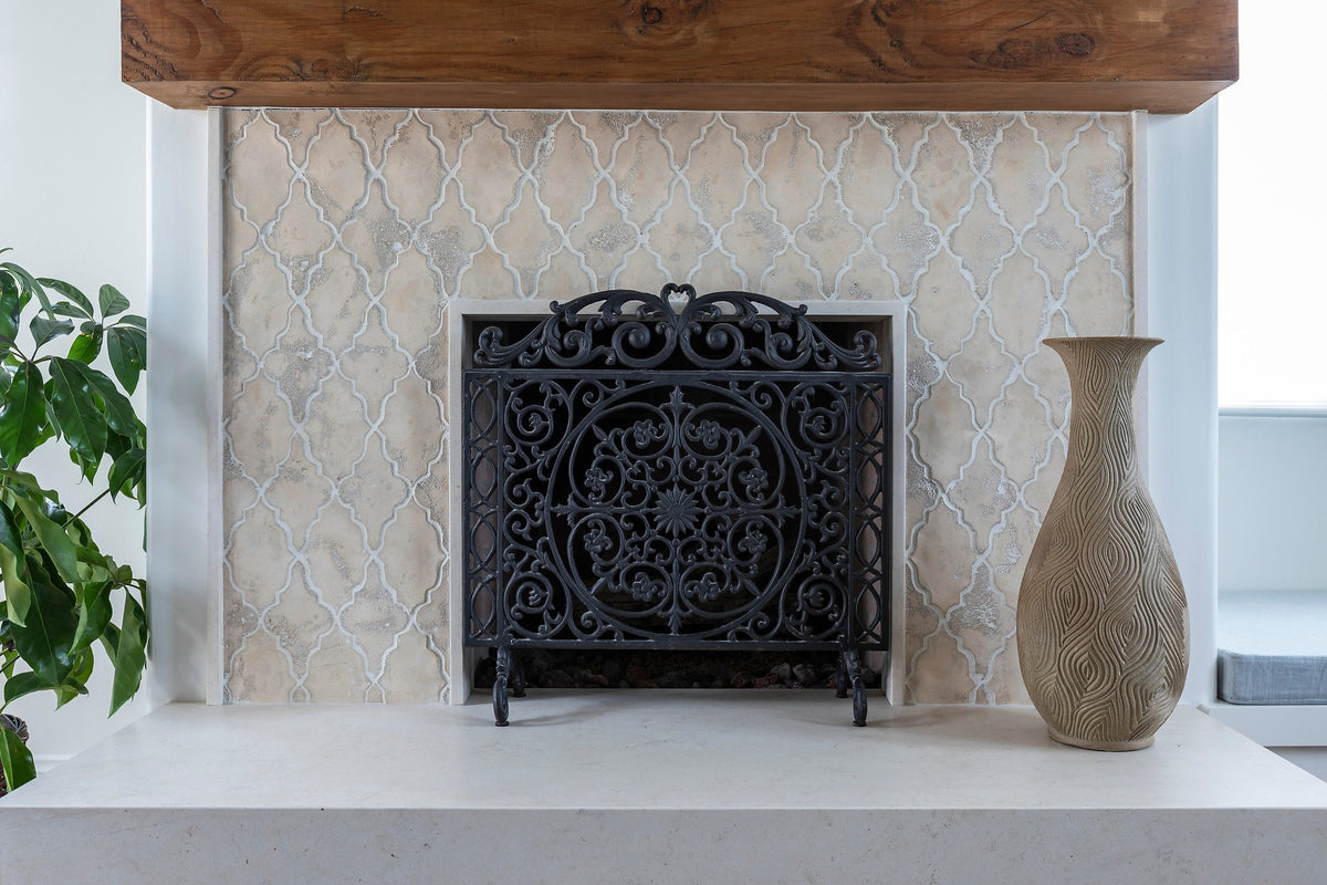 Firebox framed by a wood mantel