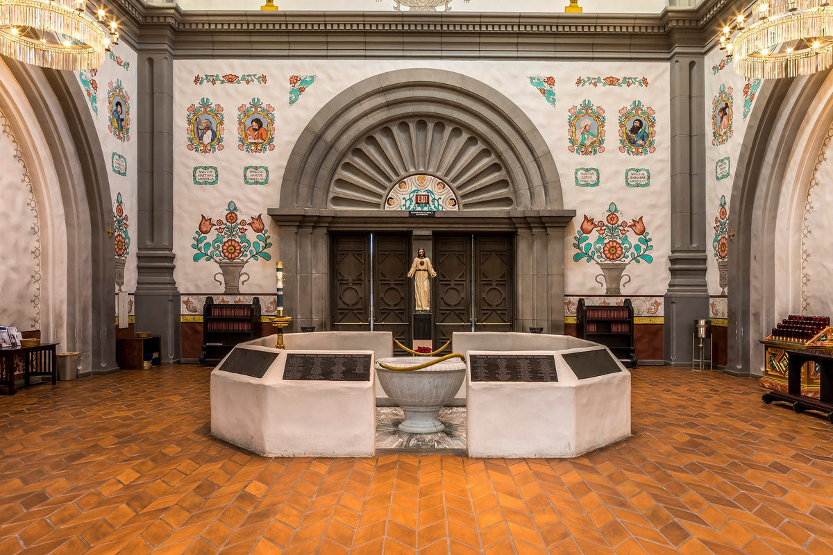 Baptismal font on the chevron floor