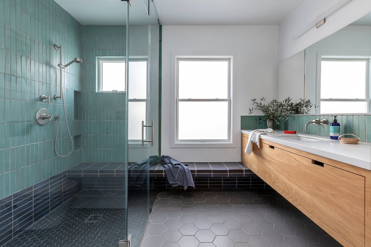 Bathroom with Aqua tile walls