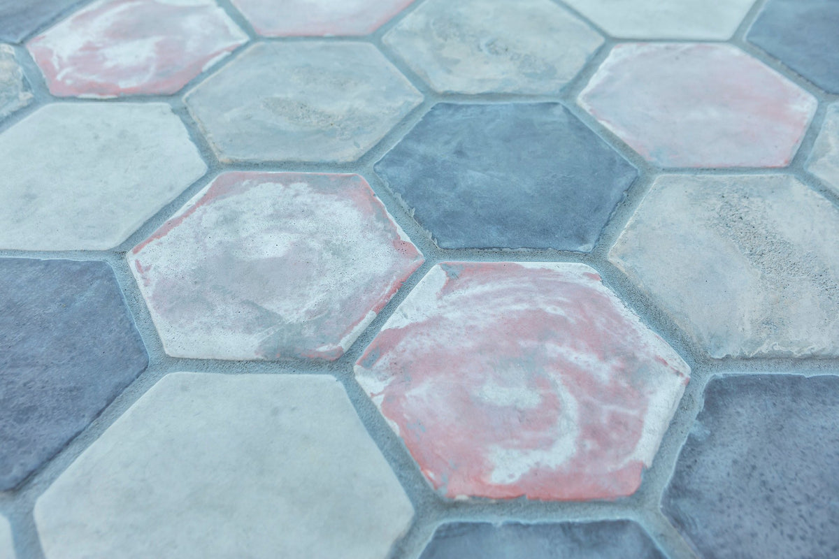 Close-up of mottled Hexagon tiles