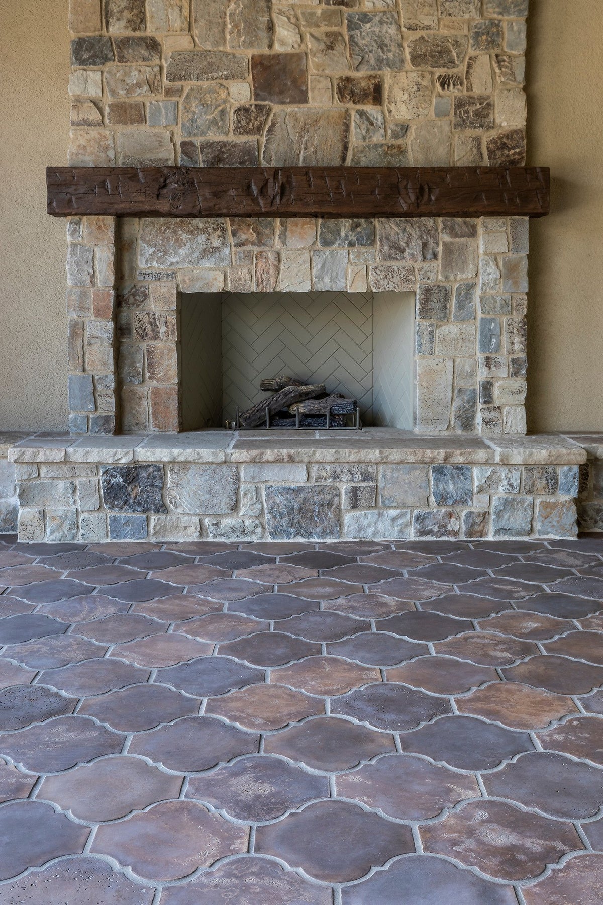 Fireplace view across San Felipe tile