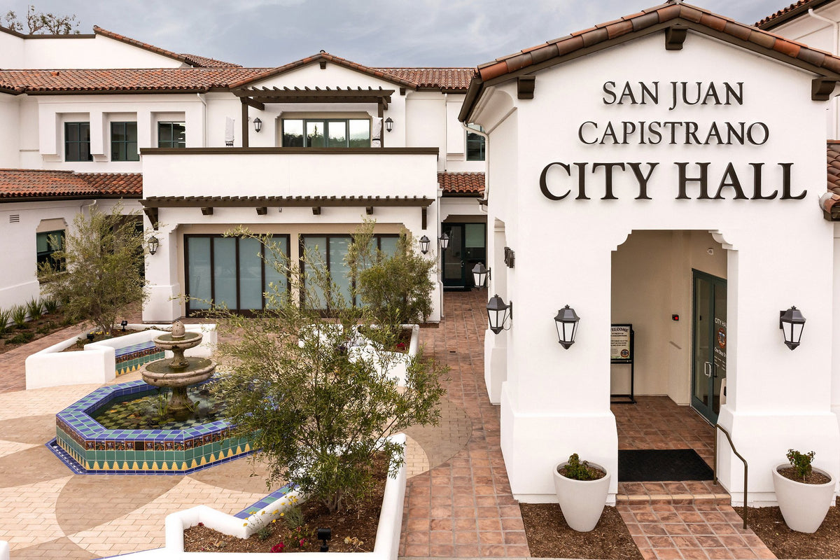 City Hall entry and tiled fountain