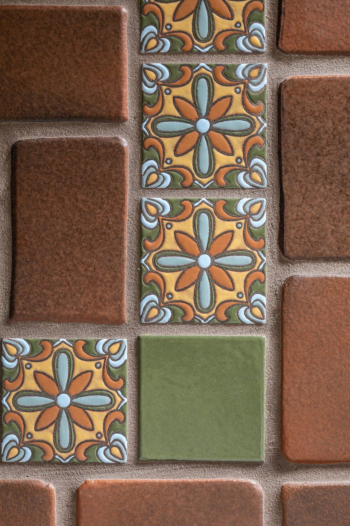 Close-up of glazed Leather tiles