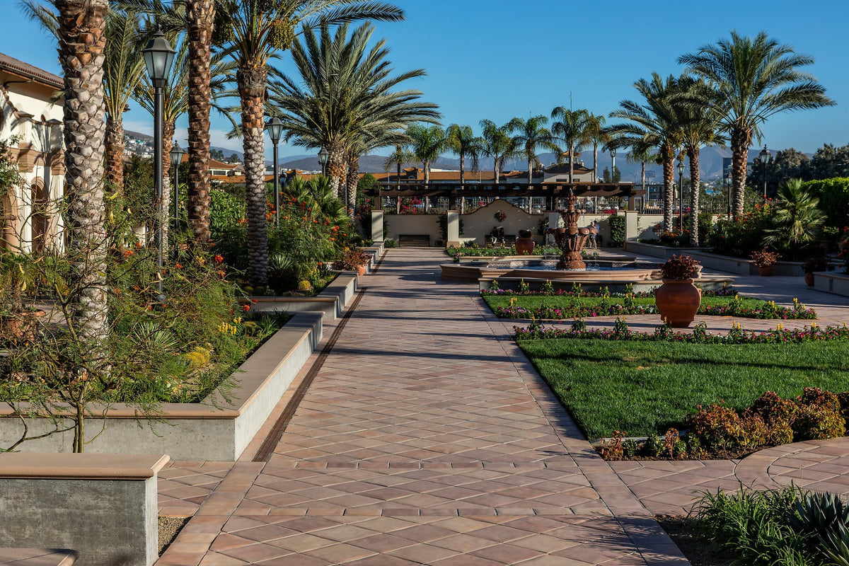 Tiled walkway through the gardens