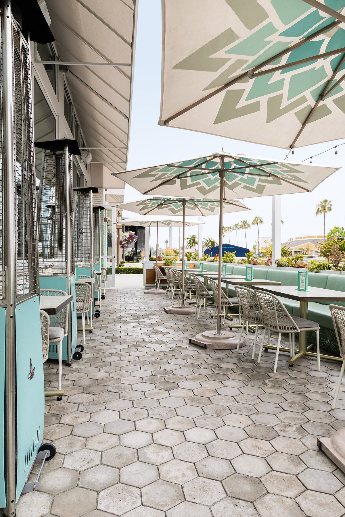 Patio walkway under umbrellas