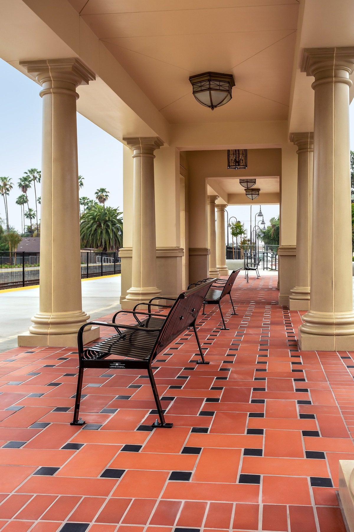 Benches along the tiled platform
